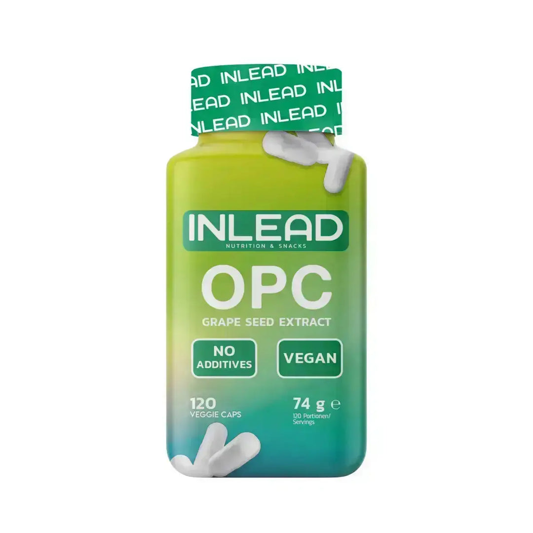 Inlead OPC Grape seed extract supplement in container with capsules demonstrating opc grape seed