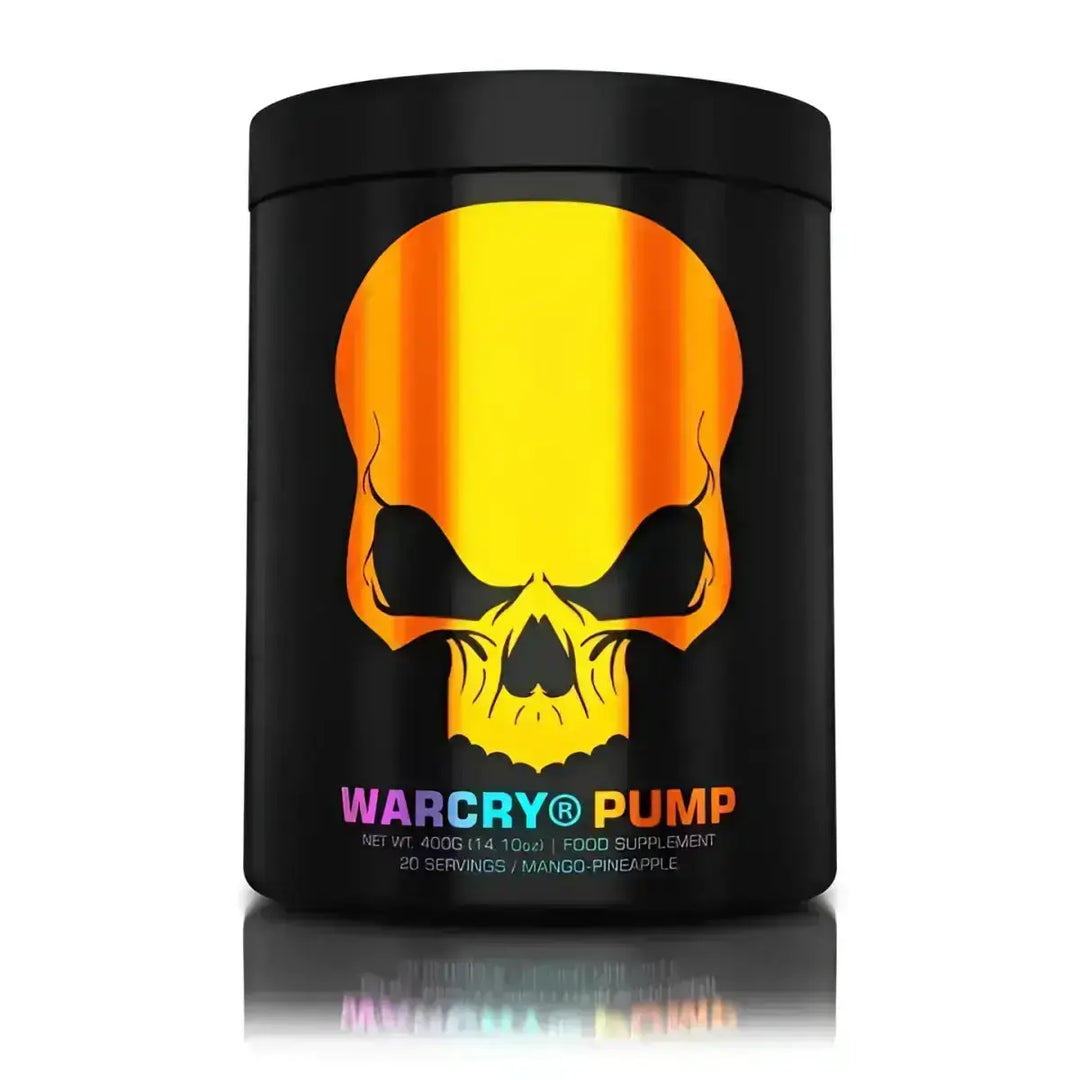 Schwarzer Container mit Totenkopf-Design für Genius Nutrition Warcry PUMP 400g