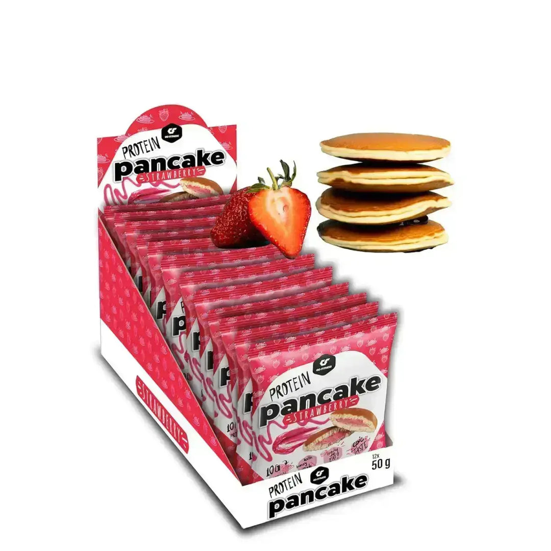 Box von Go Fitness Protein Pancake mit leckeren Erdbeeren und Pfannkuchen