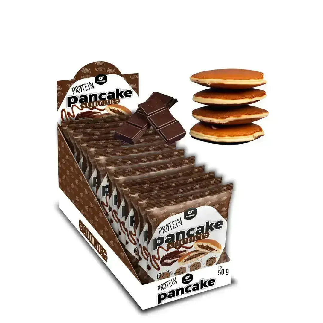 Leckeres GoFitness Protein Pancake Snackdisplay mit Schokoladengeschmack