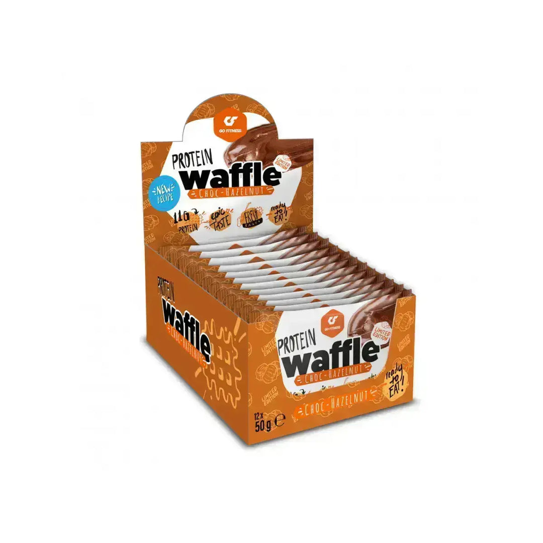 Box mit Go Fitness Protein Waffel 12x50g für gesunde Snacks nach dem Training
