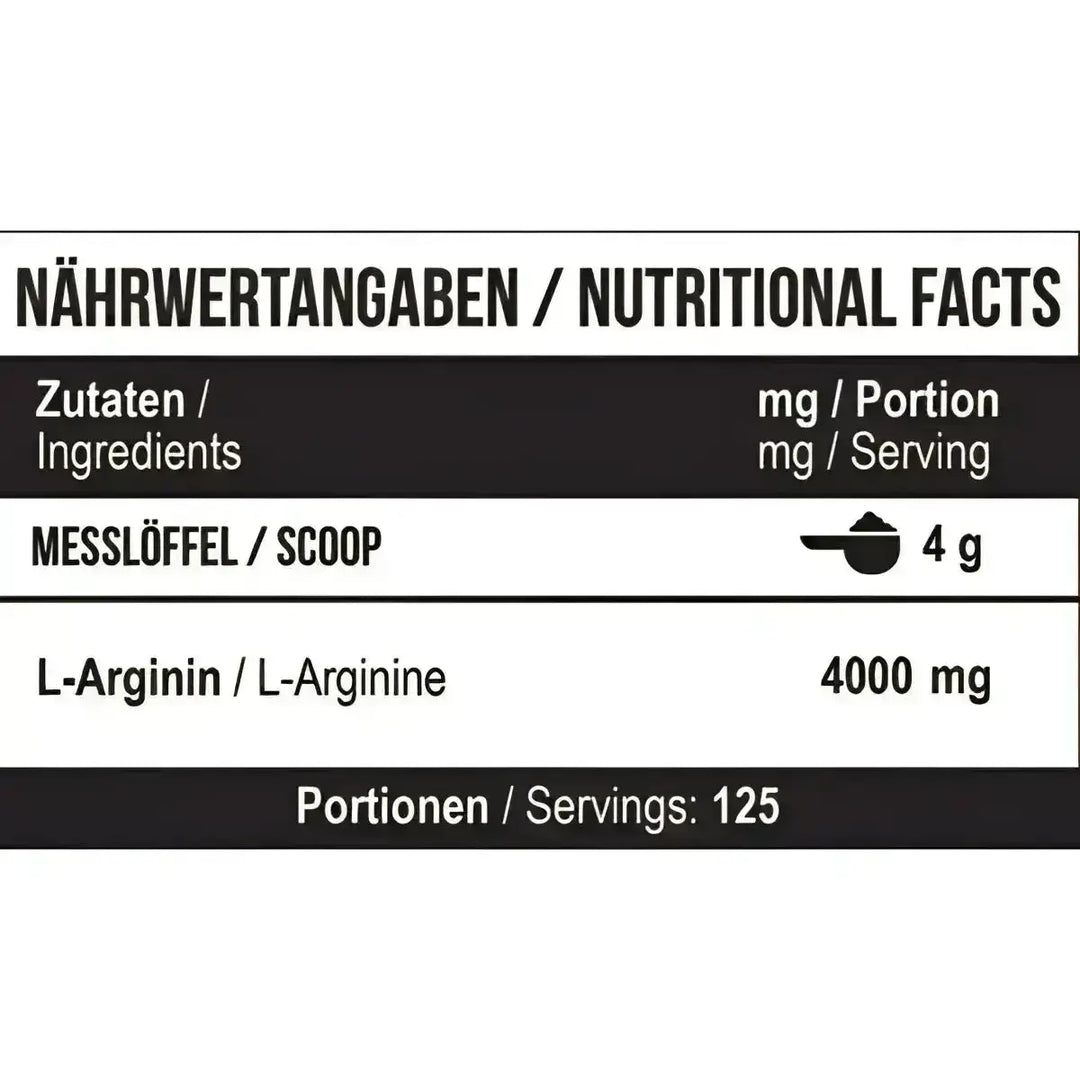 Nährwertangaben auf MST Arginine RAW 500g Verpackung, reine L-Arginin Raw