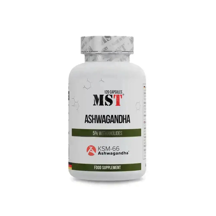 Weiße Flasche mit MST Ashwagandha KSM-66® Kapseln, natürliches Nahrungsergänzungsmittel