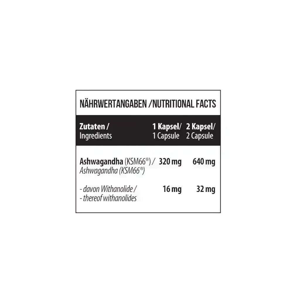 Nährwerttabelle für MST Ashwagandha KSM 66® Kapseln, natürlich und wirkungsvoll