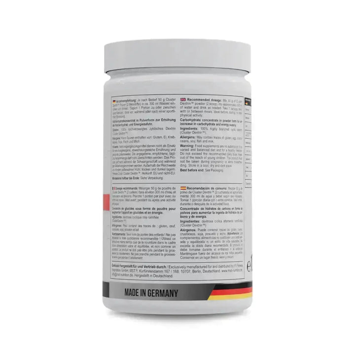 Weißer Supplementbehälter für MST Cluster Dextrin 1kg, ideal für deine Fitness