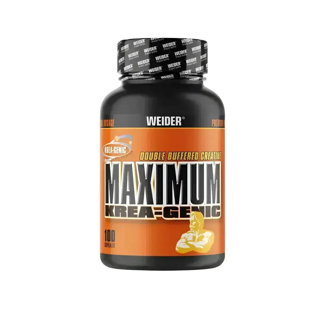 Schwarze Flasche mit Kapseln von Weider Maximum Krea-Genic® für Muskelaufbau
