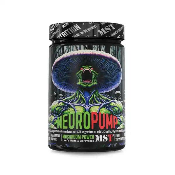 Container von MST NeuroPump 500g koffeinfreier pre-workout-booster mit Mushroom-Thema
