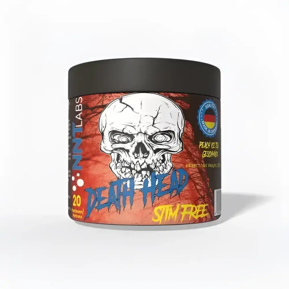 Black-lidded jar with skull graphic for NNT Death Head Stim Free Booster 350g